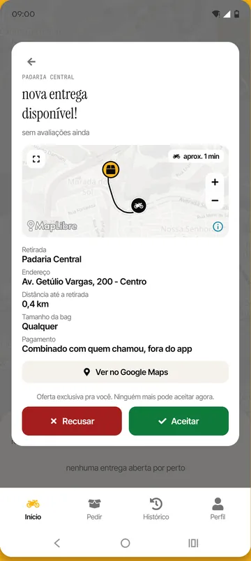 Tela do app mostrando uma nova entrega chegando