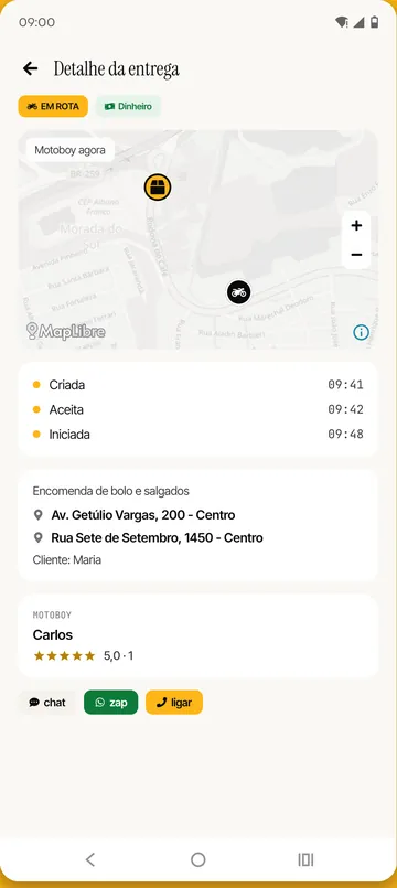 Mapa ao vivo com a posição do motoboy